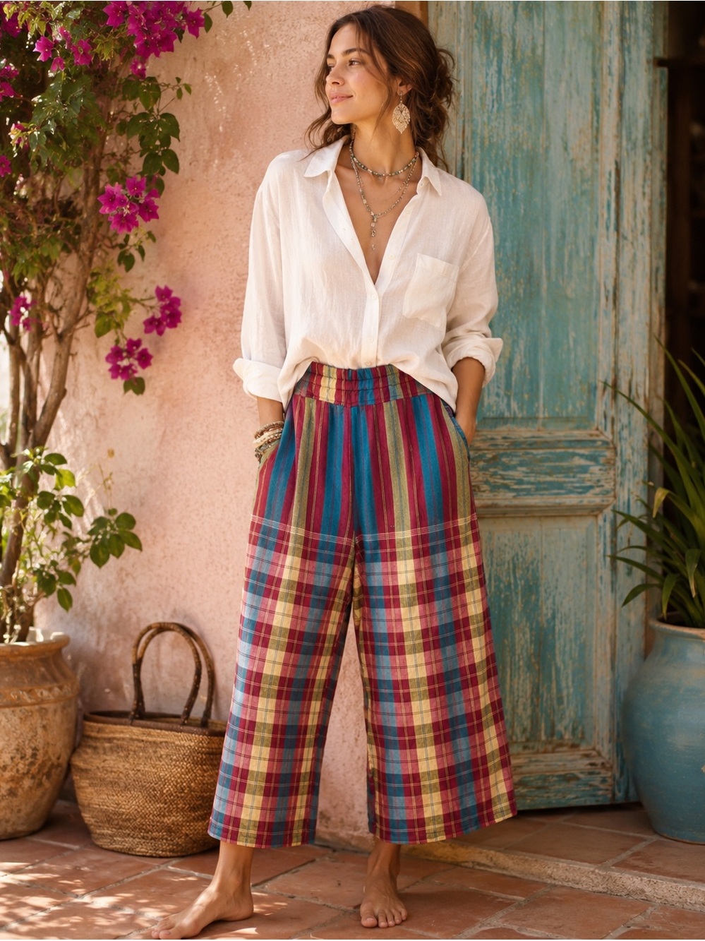 Boho Madras Plaid Wide Leg Cropped Pants M Artisan Resort Coastal